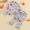 imageKuriozud Toddler Baby Girl Halloween Pajamas Set Little Girl Pumpkin Long Sleeve Lapel TopsRuffled Pants Sleepwear NightwearGrey