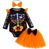 imageKuriozud Halloween Outfit Clothes Toddler Baby Girl Skeleton Rose Long Sleeve Romper with Bow Headband Tulle Skirt 3Pcs SetOrange