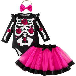imageKuriozud Halloween Outfit Clothes Toddler Baby Girl Skeleton Rose Long Sleeve Romper with Bow Headband Tulle Skirt 3Pcs SetBlack