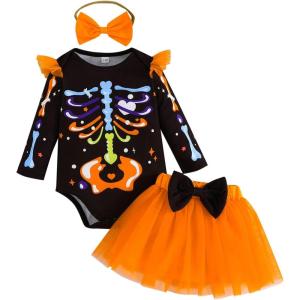 imageKuriozud Halloween Outfit Clothes Toddler Baby Girl Skeleton Rose Long Sleeve Romper with Bow Headband Tulle Skirt 3Pcs SetOrange
