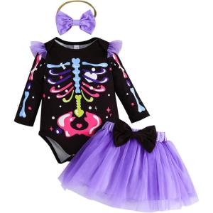 imageKuriozud Halloween Outfit Clothes Toddler Baby Girl Skeleton Rose Long Sleeve Romper with Bow Headband Tulle Skirt 3Pcs SetPurple