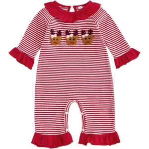 imageKuriozud Newborn Baby Girl Christmas Outfit Ruffle Romper Long Sleeve Jumpsuit Cute Infant Girl Christmas ClothesReindeer Striped Red