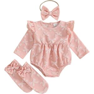 imageKuriozud Newborn Baby Girl Fall Winter Clothes Ruffle Romper Bodysuit with Headband Socks Cute Infant Baby Girl OutfitBow Pink