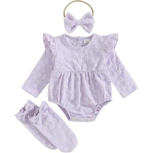 imageKuriozud Newborn Baby Girl Fall Winter Clothes Ruffle Romper Bodysuit with Headband Socks Cute Infant Baby Girl OutfitFloral Purple