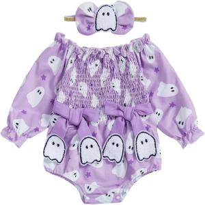 imageKuriozud Newborn Baby Girl Halloween Outfit Smocked Bubble Romper Jumpsuit Cute Infant Girl Fall ClothesOff the Shoulder Ghost