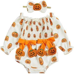 imageKuriozud Newborn Baby Girl Halloween Outfit Smocked Bubble Romper Jumpsuit Cute Infant Girl Fall ClothesOff the Shoulder Pumpkin