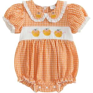 imageKuriozud Newborn Baby Girl Halloween Outfit Smocked Bubble Romper Jumpsuit Cute Infant Girl Fall ClothesPlaid Pumpkin Orange