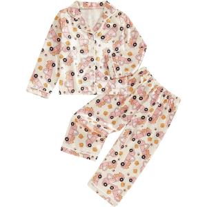 imageKuriozud Toddler Baby Girl Halloween Pajamas Set Little Girl Pumpkin Long Sleeve Lapel TopsRuffled Pants Sleepwear NightwearBeige Pink Truck Pumpkin