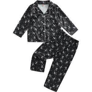 imageKuriozud Toddler Baby Girl Halloween Pajamas Set Little Girl Pumpkin Long Sleeve Lapel TopsRuffled Pants Sleepwear NightwearBlack Skeleton