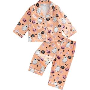 imageKuriozud Toddler Baby Girl Halloween Pajamas Set Little Girl Pumpkin Long Sleeve Lapel TopsRuffled Pants Sleepwear NightwearOrange Pumpkin Ghost