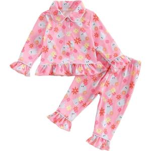 imageKuriozud Toddler Baby Girl Halloween Pajamas Set Little Girl Pumpkin Long Sleeve Lapel TopsRuffled Pants Sleepwear NightwearPink