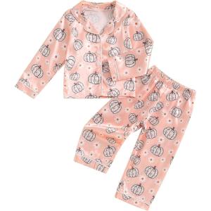 imageKuriozud Toddler Baby Girl Halloween Pajamas Set Little Girl Pumpkin Long Sleeve Lapel TopsRuffled Pants Sleepwear NightwearPink Orange Pumpkin