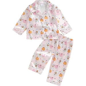 imageKuriozud Toddler Baby Girl Halloween Pajamas Set Little Girl Pumpkin Long Sleeve Lapel TopsRuffled Pants Sleepwear NightwearPink Pumpkin Ghost