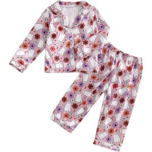 imageKuriozud Toddler Baby Girl Halloween Pajamas Set Little Girl Pumpkin Long Sleeve Lapel TopsRuffled Pants Sleepwear NightwearPurple Ghostflowers