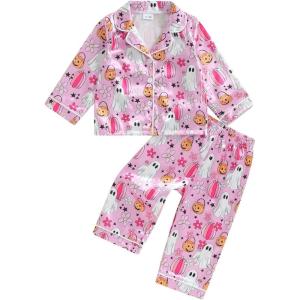 imageKuriozud Toddler Baby Girl Halloween Pajamas Set Little Girl Pumpkin Long Sleeve Lapel TopsRuffled Pants Sleepwear NightwearPurple Pumpkin Ghost