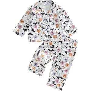 imageKuriozud Toddler Baby Girl Halloween Pajamas Set Little Girl Pumpkin Long Sleeve Lapel TopsRuffled Pants Sleepwear NightwearWhite Ghost Bat