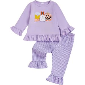 imageKuriozud Toddler Girl Halloween Outfit Baby PumpkinGhost Long Sleeve Ruffle Sweatshirt Tshirt And Pants Cute Fall ClothesBoo Pumpkin Ghost Purple