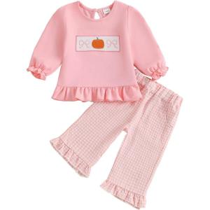 imageKuriozud Toddler Girl Halloween Outfit Baby PumpkinGhost Long Sleeve Ruffle Sweatshirt Tshirt And Pants Cute Fall ClothesPumpkin Bow Pink