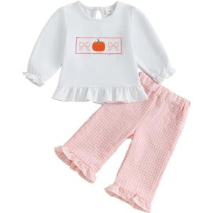 imageKuriozud Toddler Girl Halloween Outfit Baby PumpkinGhost Long Sleeve Ruffle Sweatshirt Tshirt And Pants Cute Fall ClothesPumpkin Bow White