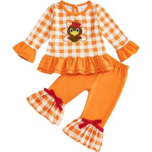imageKuriozud Toddler Girl Halloween Outfit Baby PumpkinGhost Long Sleeve Ruffle Sweatshirt Tshirt And Pants Cute Fall ClothesTurkey Embroidery Orange
