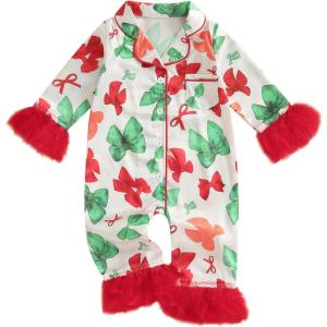 imageKuriozud Baby Girl Boy Christmas Button Down Silk Satin Pajamas Romper OnePiece Jumpsuit Pumpkin Nightgown Pjs SleepwearBow Red