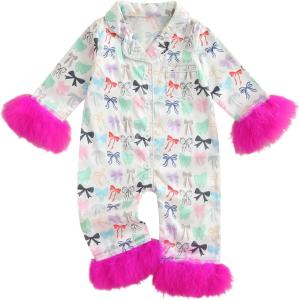 imageKuriozud Baby Girl Boy Christmas Button Down Silk Satin Pajamas Romper OnePiece Jumpsuit Pumpkin Nightgown Pjs SleepwearBow White