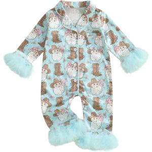 imageKuriozud Baby Girl Boy Christmas Button Down Silk Satin Pajamas Romper OnePiece Jumpsuit Pumpkin Nightgown Pjs SleepwearSantablue
