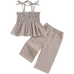 imageKuriozud Halloween Toddler Baby Girl Outfit Pumpkin Patch Tank TopWide Leg Pants Set Kids Little Girl Halloween ClothesCoffee Plaid