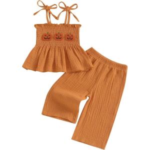 imageKuriozud Halloween Toddler Baby Girl Outfit Pumpkin Patch Tank TopWide Leg Pants Set Kids Little Girl Halloween ClothesHalloween Orange