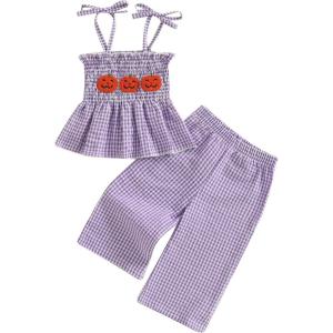 imageKuriozud Halloween Toddler Baby Girl Outfit Pumpkin Patch Tank TopWide Leg Pants Set Kids Little Girl Halloween ClothesHalloween Purple