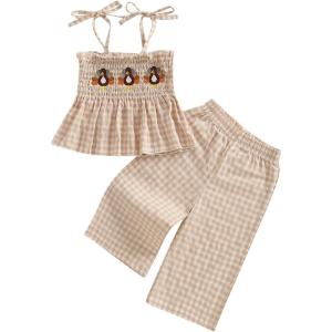 imageKuriozud Halloween Toddler Baby Girl Outfit Pumpkin Patch Tank TopWide Leg Pants Set Kids Little Girl Halloween ClothesThanksgiving Khaki