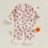 imageKuriozud Baby Girl Halloween Satin Silk Pajamas Button Down Pumpkin Pajamas Jumpsuit Feather Trim Sleeve Fall Nightgown PjsBlack