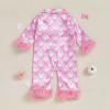 imageKuriozud Baby Girl Halloween Satin Silk Pajamas Button Down Pumpkin Pajamas Jumpsuit Feather Trim Sleeve Fall Nightgown PjsPink