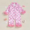 imageKuriozud Baby Girl Halloween Satin Silk Pajamas Button Down Pumpkin Pajamas Jumpsuit Feather Trim Sleeve Fall Nightgown PjsPink