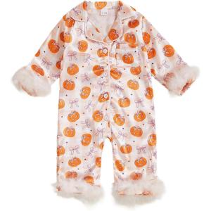 imageKuriozud Baby Girl Halloween Satin Silk Pajamas Button Down Pumpkin Pajamas Jumpsuit Feather Trim Sleeve Fall Nightgown PjsOrange
