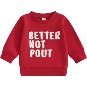 imageKuriozud Toddler Boy Girl Christmas Outfits Sweatshirt Letter Embroidery Pattern Long Sleeve Round Neck Pullover Loose TopsRed Better Not Pout