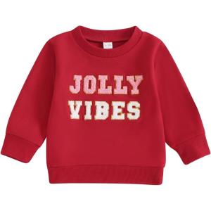 imageKuriozud Toddler Boy Girl Christmas Outfits Sweatshirt Letter Embroidery Pattern Long Sleeve Round Neck Pullover Loose TopsRed Jolly Vibes