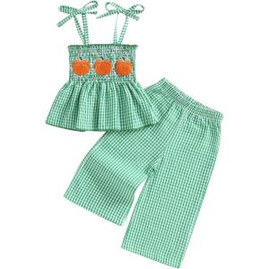 imageKuriozud Halloween Toddler Baby Girl Outfit Pumpkin Patch Tank TopWide Leg Pants Set Kids Little Girl Halloween ClothesThanksgiving Green a