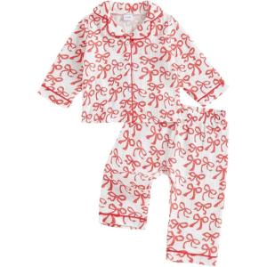 imageKuriozud Toddler Baby Girl Pajamas Button Down StrawberryBow Top And Pants Cotton Linen Sleepwear Little Kids Girls PajamasBow Red