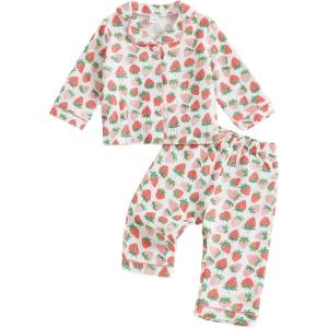 imageKuriozud Toddler Baby Girl Pajamas Button Down StrawberryBow Top And Pants Cotton Linen Sleepwear Little Kids Girls PajamasStrawberry Pink
