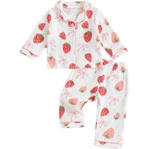 imageKuriozud Toddler Baby Girl Pajamas Button Down StrawberryBow Top And Pants Cotton Linen Sleepwear Little Kids Girls PajamasStrawberry and Bow White