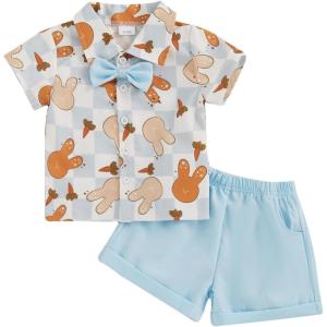 imageKuriozud Toddler Baby Boy Easter Outfits Bunny Tops Carrot Button Down Shirt Short Pants Set Easter Boy Clothes Summer Easter Blue A 69 Months