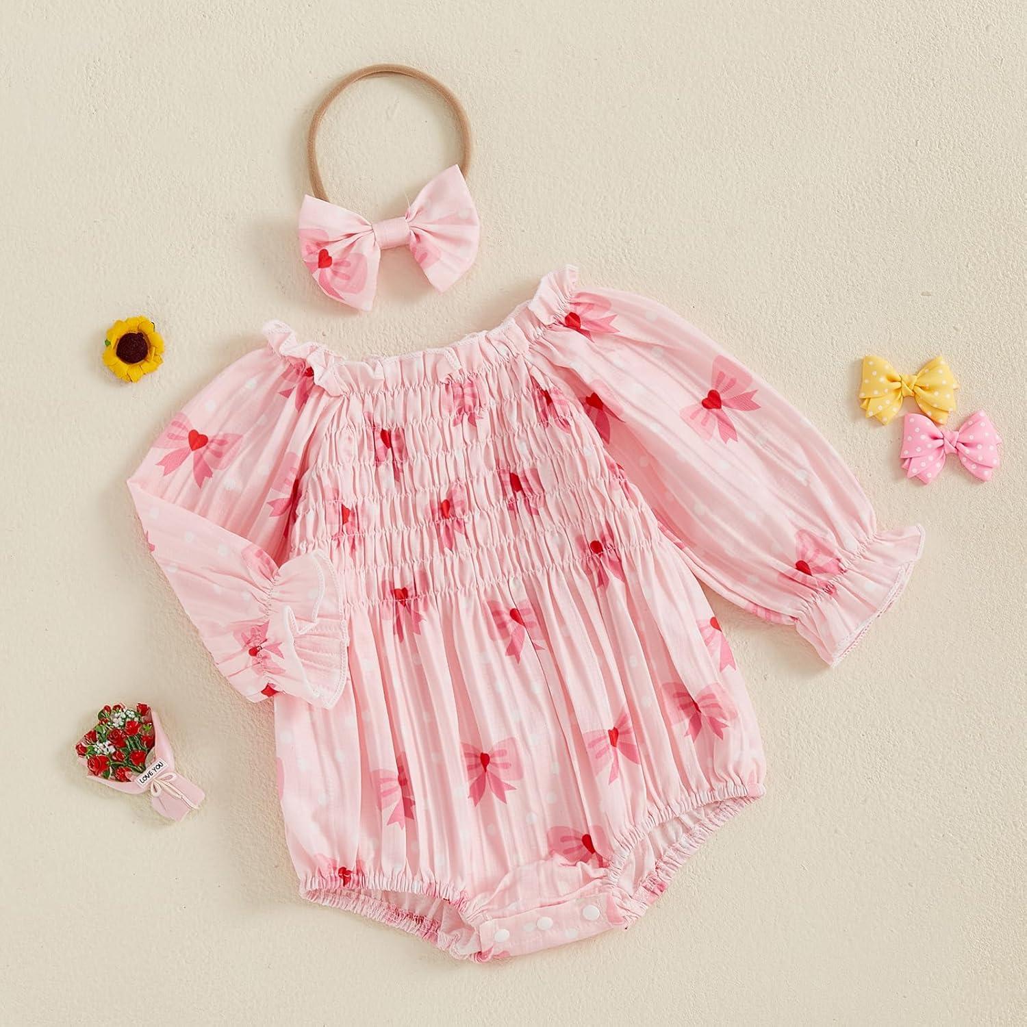 imageKuriozud Baby Girl Valentines Day OutfitsHeart Onesie Long Sleeve Ruffle Romper Bow Headband Newborn Infant ClothesPink Bow