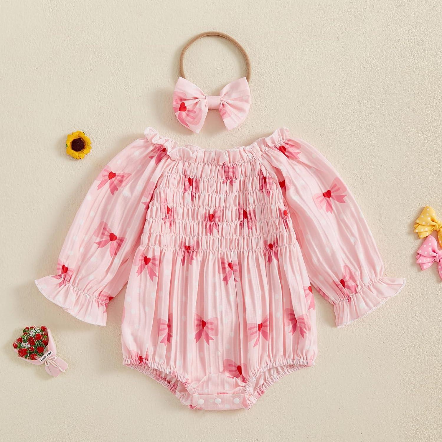 imageKuriozud Baby Girl Valentines Day OutfitsHeart Onesie Long Sleeve Ruffle Romper Bow Headband Newborn Infant ClothesPink Bow