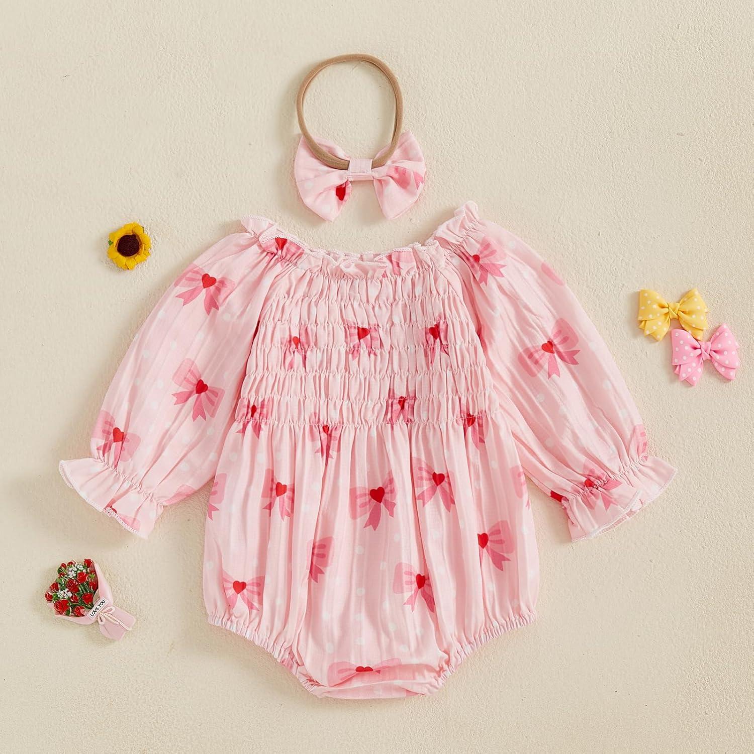 imageKuriozud Baby Girl Valentines Day OutfitsHeart Onesie Long Sleeve Ruffle Romper Bow Headband Newborn Infant ClothesPink Bow