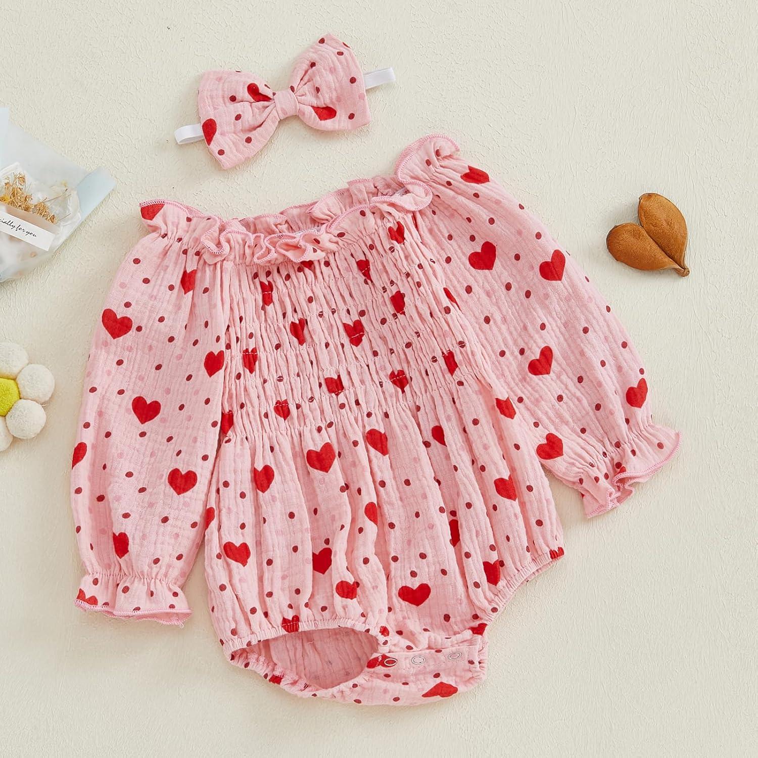 imageKuriozud Baby Girl Valentines Day OutfitsHeart Onesie Long Sleeve Ruffle Romper Bow Headband Newborn Infant ClothesPink Heart