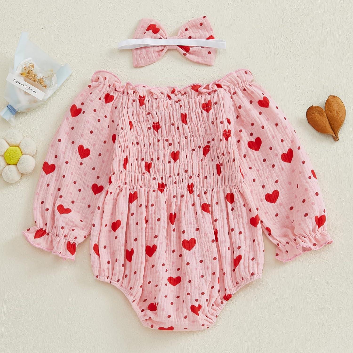 imageKuriozud Baby Girl Valentines Day OutfitsHeart Onesie Long Sleeve Ruffle Romper Bow Headband Newborn Infant ClothesPink Heart