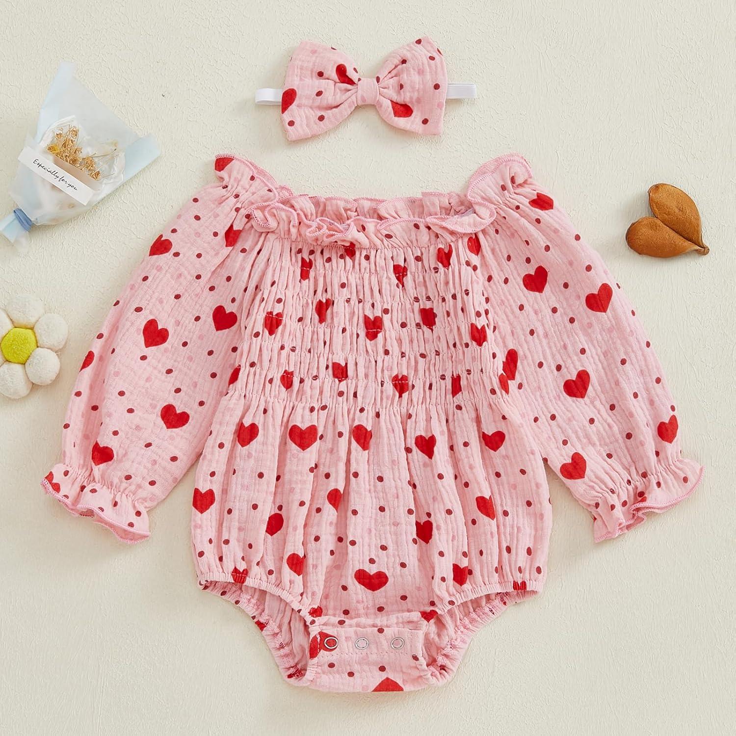 imageKuriozud Baby Girl Valentines Day OutfitsHeart Onesie Long Sleeve Ruffle Romper Bow Headband Newborn Infant ClothesPink Heart