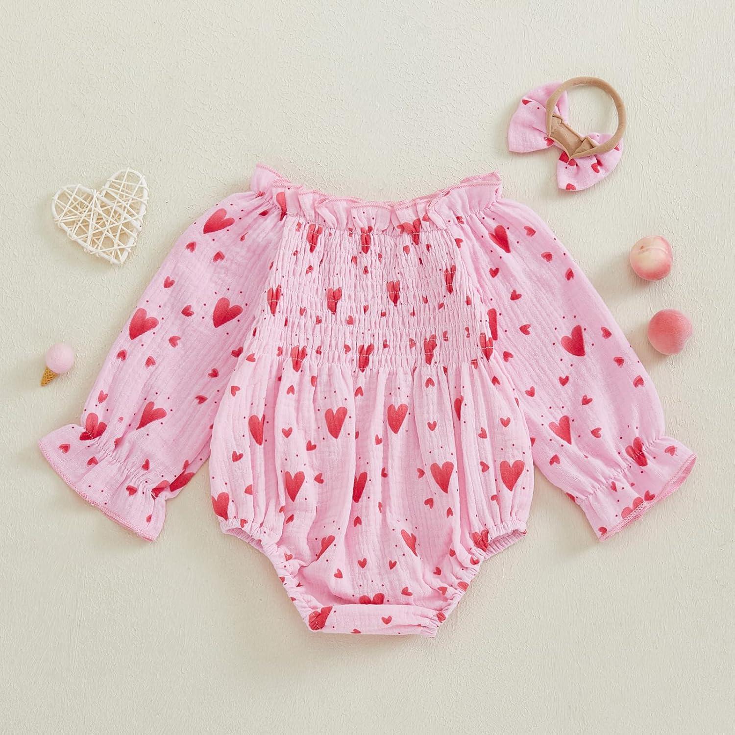 imageKuriozud Baby Girl Valentines Day OutfitsHeart Onesie Long Sleeve Ruffle Romper Bow Headband Newborn Infant ClothesPink Heart Dot