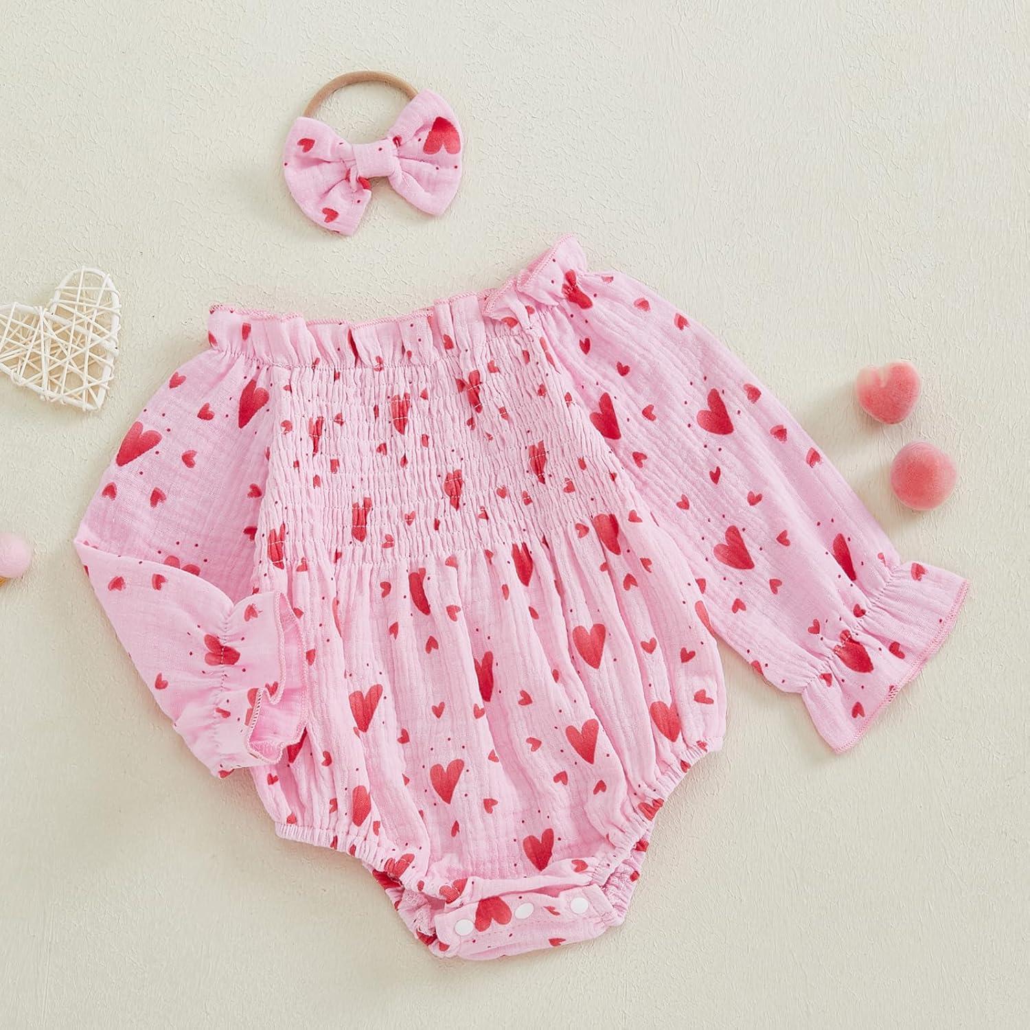 imageKuriozud Baby Girl Valentines Day OutfitsHeart Onesie Long Sleeve Ruffle Romper Bow Headband Newborn Infant ClothesPink Heart Dot